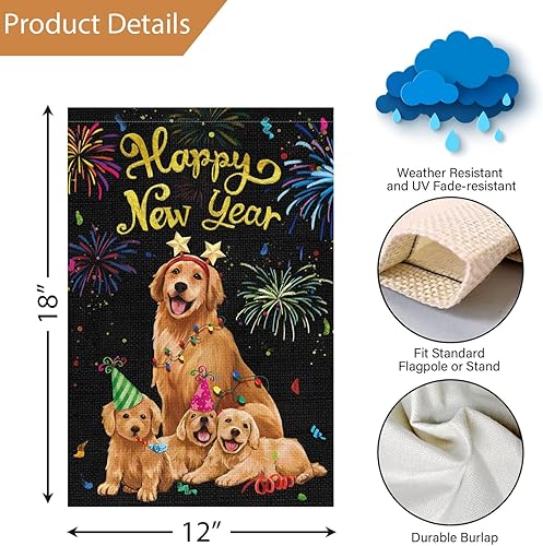 Miniatura 4 de Louise Maelys Bandera de jardín con texto en inglés «Happy New Year» de 12 x 18 pulgadas, vertical de doble cara, de arpillera, pequeña celebración,