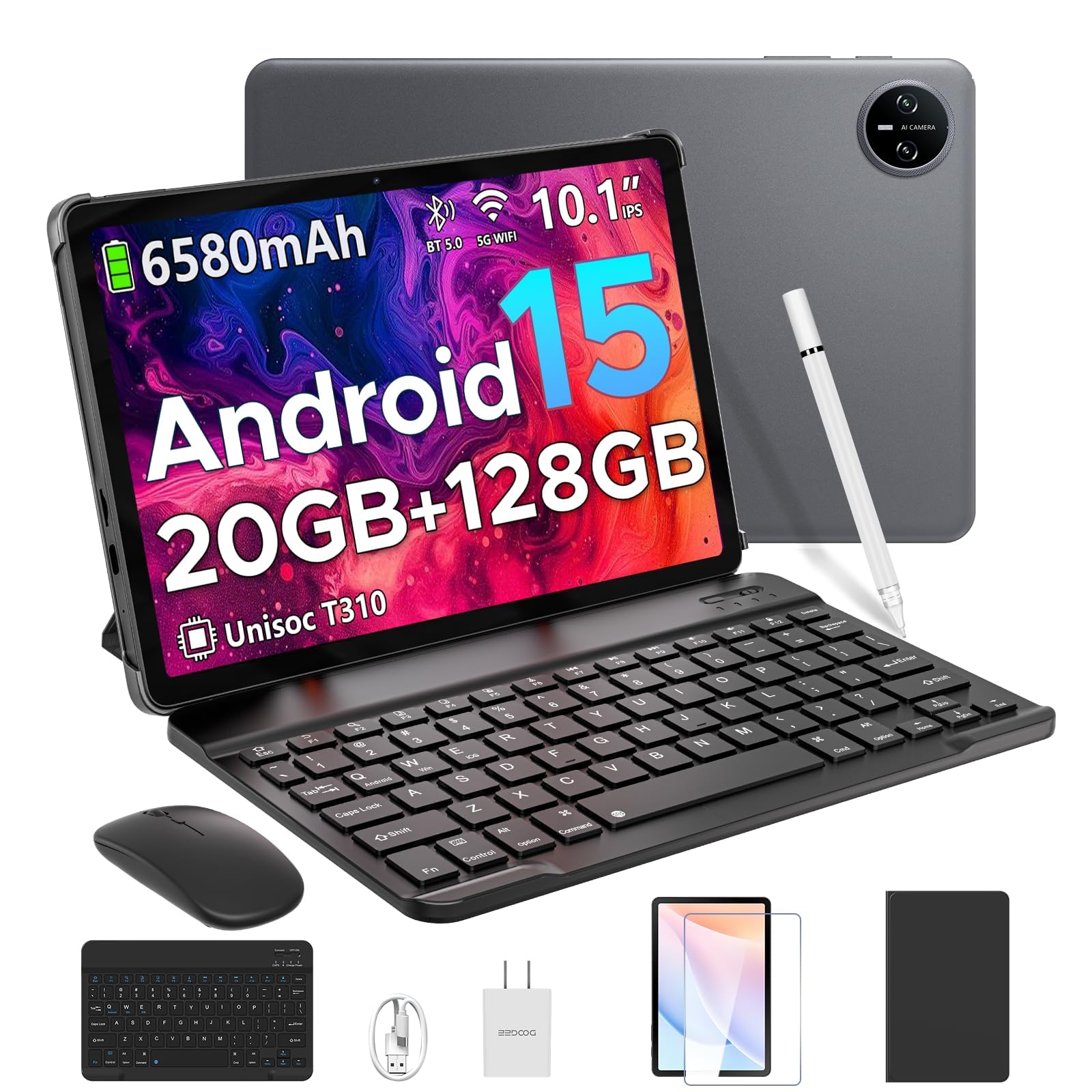DOOGEE Tab A9 Pro Tablet Android 15, 20GB + 128GB/2TB Tablet con Tastiera, 6580mAh Tablets con Penna, Unisoc T310 Tablets 10 Pollici, Dual Speaker, GMS, Face ID, 3.5 mm Headphone Jack - Mouse/Case