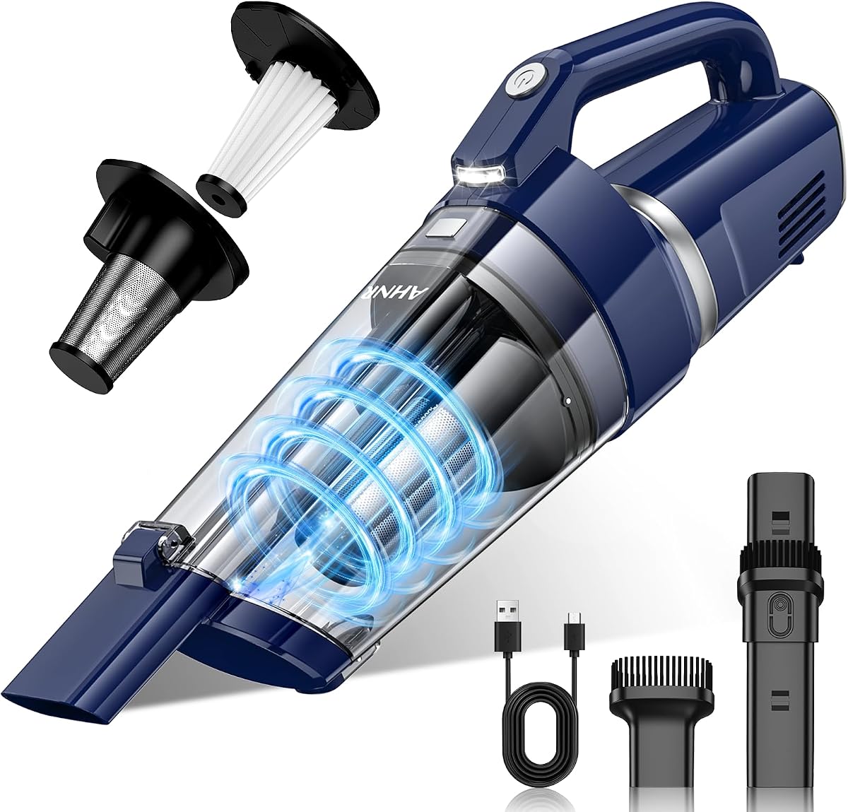 Aspiradora de mano inalámbrica recargable, aspiradora de mano para coche | Aspiradora manual de succión fuerte de 16000PA con boquillas múltiples, luz LED y 2 filtros HEPA, aspiradora portátil inalámbrica para el hogar del coche