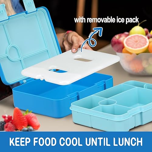 Miniatura 2 de Lonchera Bento para niños con bolsa de hielo, 5 compartimentos a prueba de fugas con utensilios, capacidad de 5.5 tazas para adultos y mayores de 8
