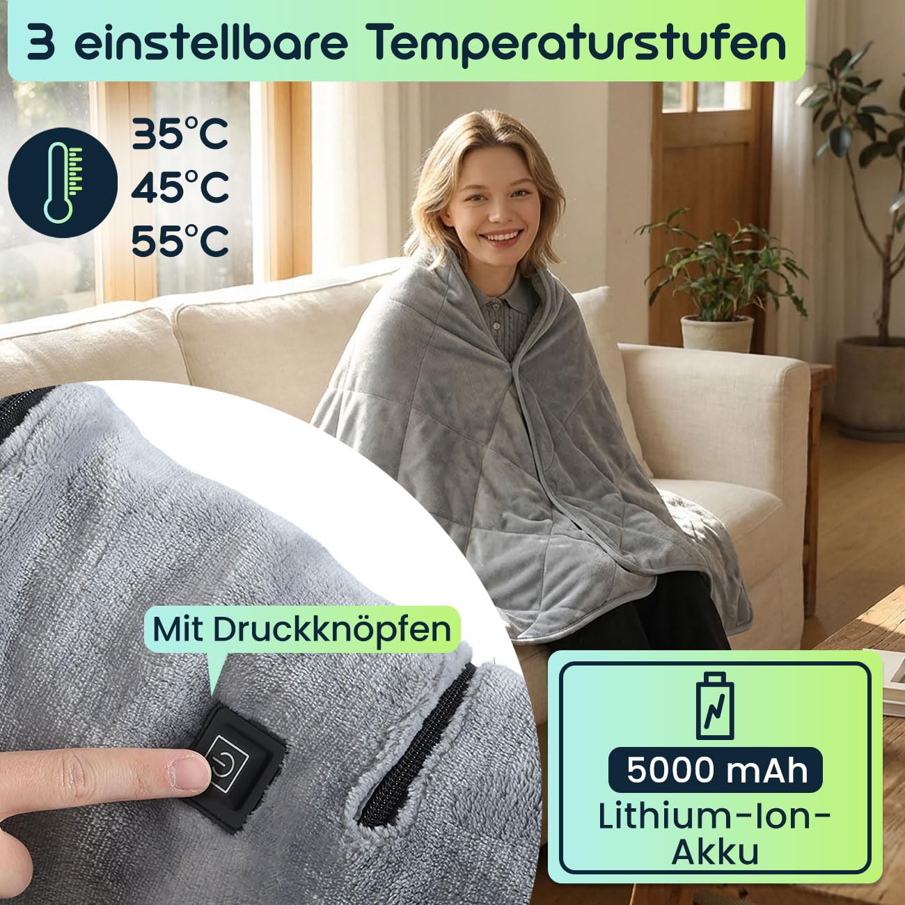 ideoon Heizdecke 135x180 cm aus Polarfleece mit Druckknöpfen, elektrische Wärmedecke mit 3 Stufen, auch als Heizkissen nutzbar, kuschelweiche Kuscheldecke