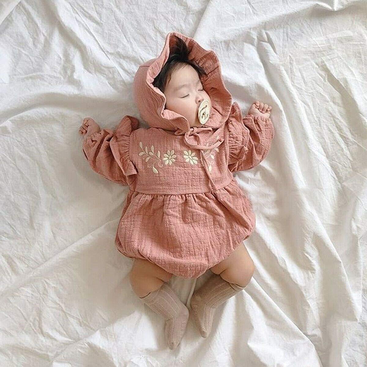 Newborn Baby Girl Romper Jumpsuit Cotton Ruffled Bodysuit Infant Autumn Solid Color Clothes Outfits with Hat (0-6 Months, Brick Red)
