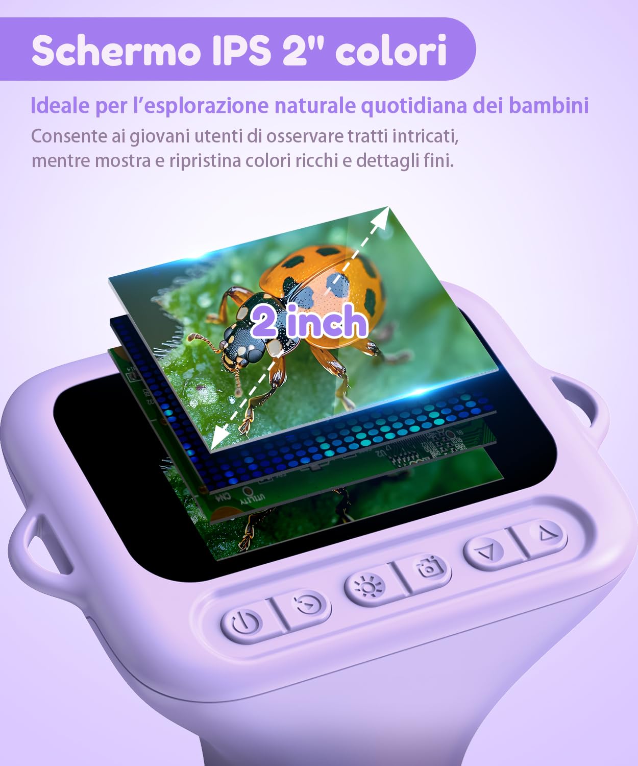 USCAMEL Microscopio Digitale Portatile Per Bambini – 1000x Zoom, Schermo LCD 2 Pollici, Foto E Video, Con Scheda 32GB – Colore Viola