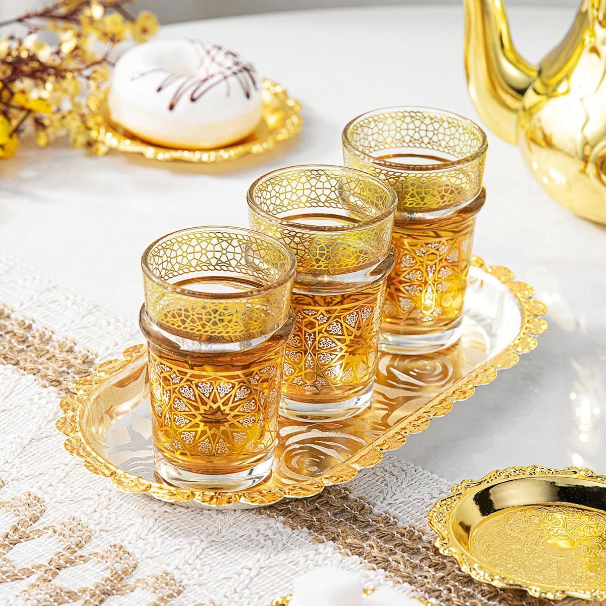 choxila Moroccan Tea Glasses Set of 6 – Premium Turkish Coffee Cups with Gold Detailing, Middle Eastern Style Tea Cups for Mint Tea & Beverages