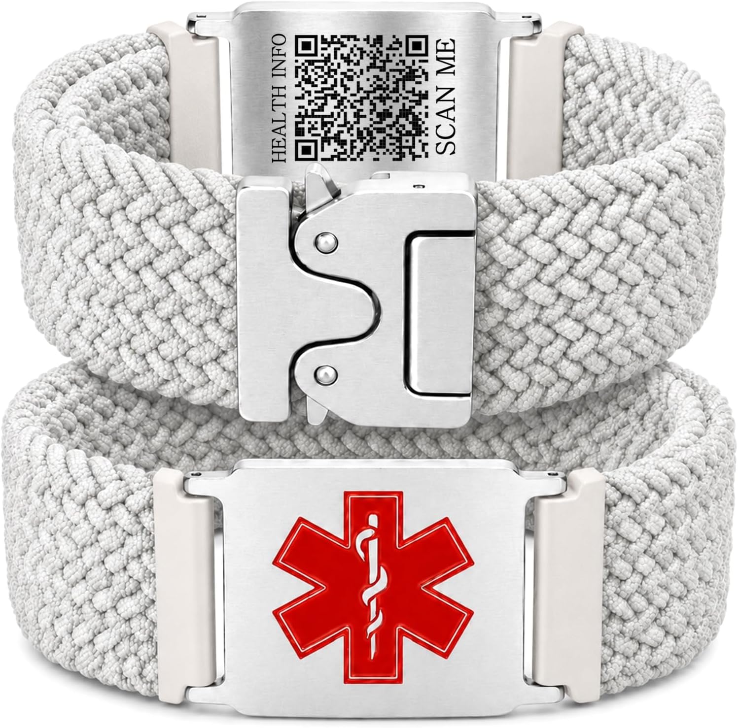 Uloveido Personalized Nylon Medical ID Bracelet with Laser-Engraved Medical Alert Tag and Dynamic QR Code, Braided Elastic Watch Band with Secure Parachute-Style Buckle, 20mm Adjustable for Men