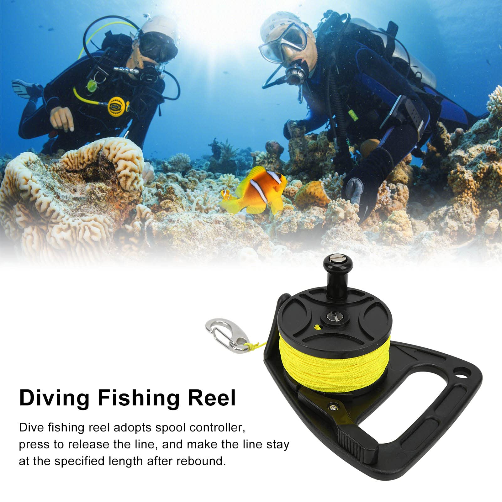 Taucherrollen -Fischereifischerei mit Daumenstopper Haken 46m Nylon gewebter Draht zum Schnorcheln unter Wasser Wasser Gelb gelb