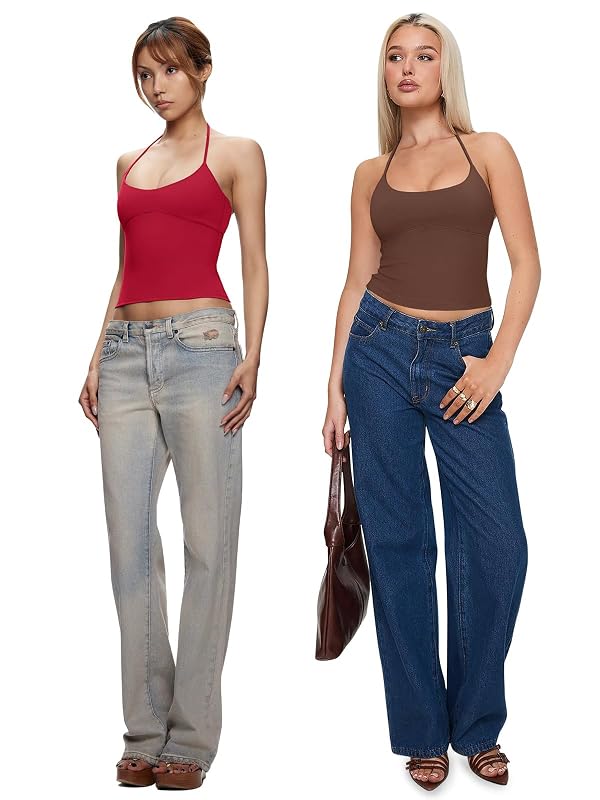 REORIA Women's Summer Sexy Halter Backless Double Lined Tank Top Going Out Y2k Trendy Sleeveless Camisole Crop Tops for Women 2026 Fashion Coffee Large by REORIA - Used condition - Image 4