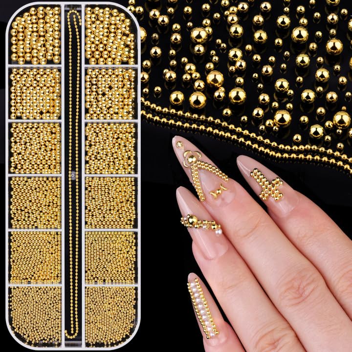 1-3MM Mini Small Nail Beads Metal Caviar Bead Gold Nail Charms and Gems Ball, Nail Chain for Nail Art Accessories Supplies Gold Rhinestones for Women