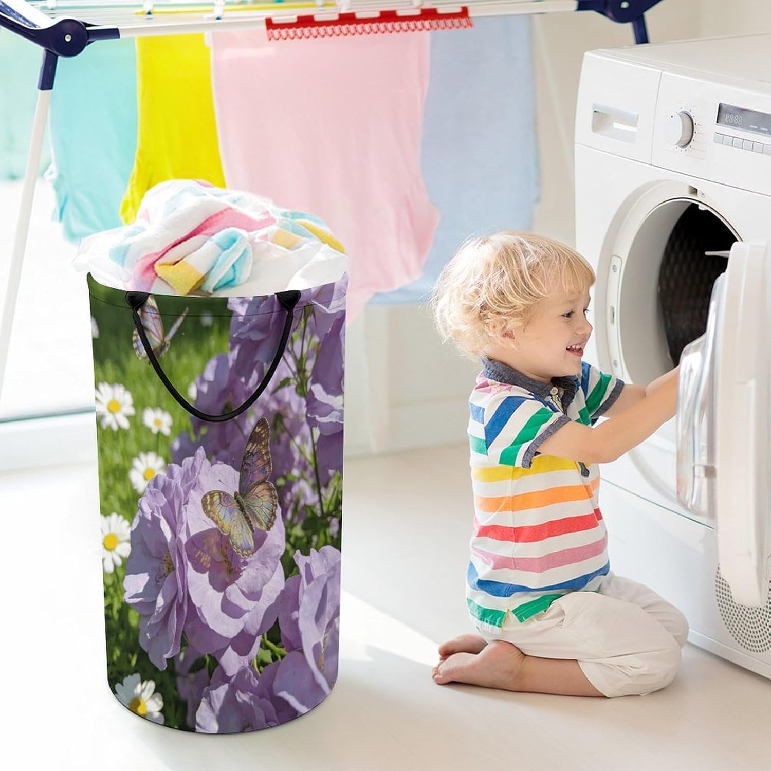 Light Purple Flowers Laundry Hamper Portable Lightweight Clothes Hampers Fashion Dirty Laundry Storage Basket Large Capacity Foldable Clothes Baskets for Bathroom Bedroom