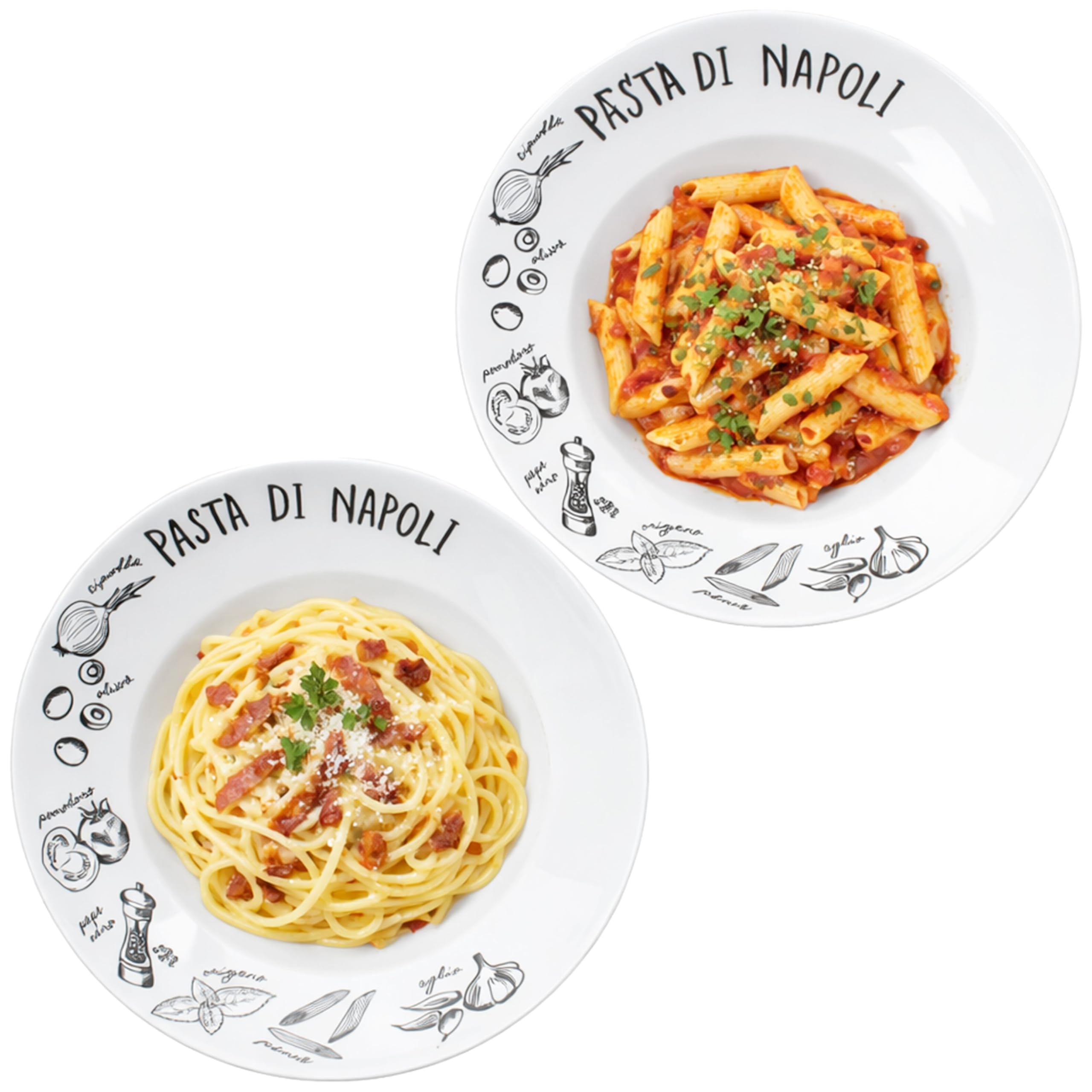 MamboCat Pasta di Napoli Lot de 2 assiettes creuses en porcelaine I Ø 27 cm 350 ml I Assiettes creuses en porcelaine noire et blanche avec décor I pour 2 personnes I Pâtes, salade, antipasti et soupes