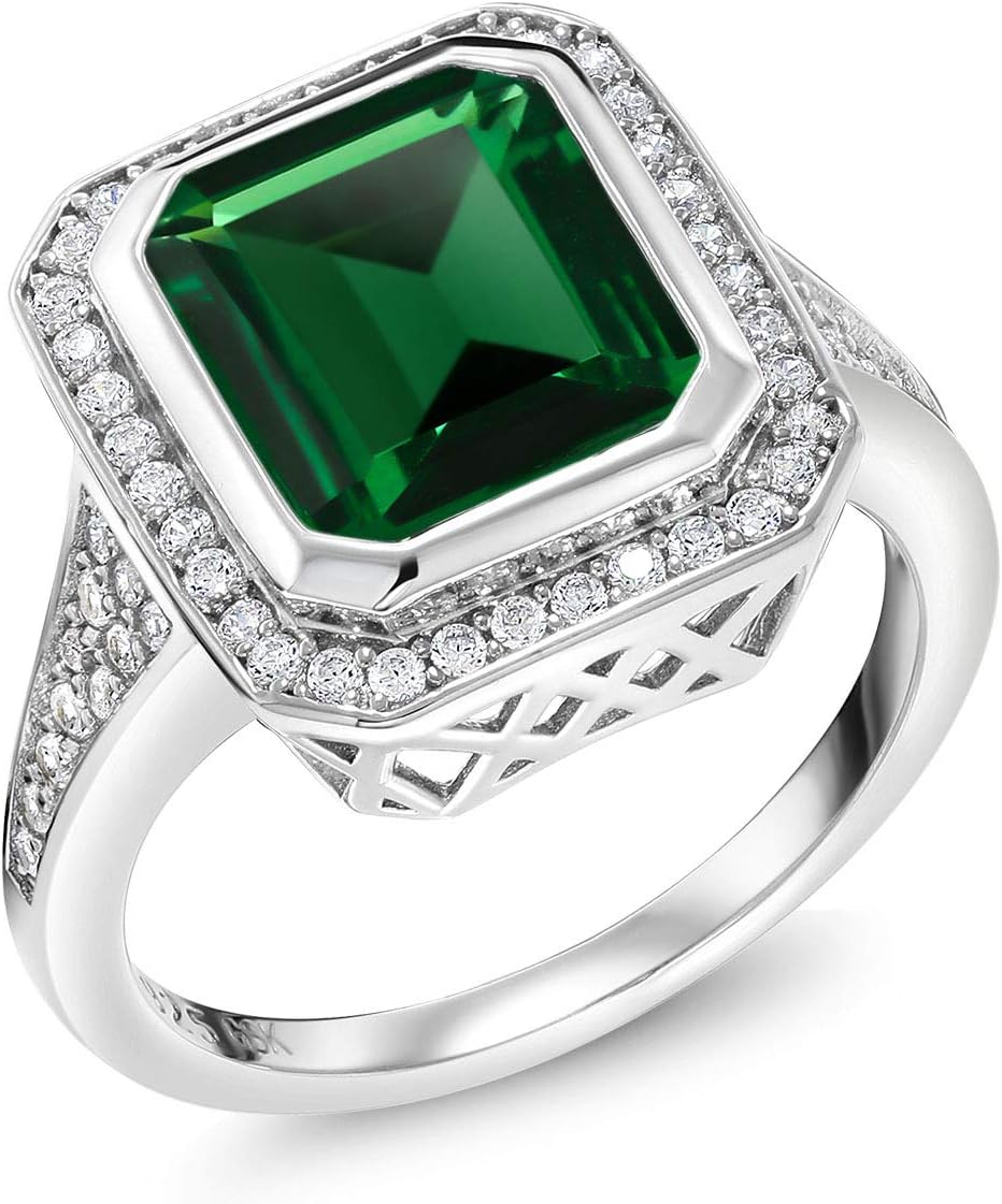 Gem Stone King 5.00 Cttw Green Nano Emerald Ring | 925 Sterling Silver | Emerald Cut 11X9MM | Wedding Engagement Anniversary Promise Ring For Women | Available In Size 5, 6, 7, 8, 9