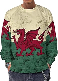 Vintage Welsh Flag Men's Crewneck Sweatshirt Long Sleeve Casual Pullover Sweater T-shirt Lightweight Tops