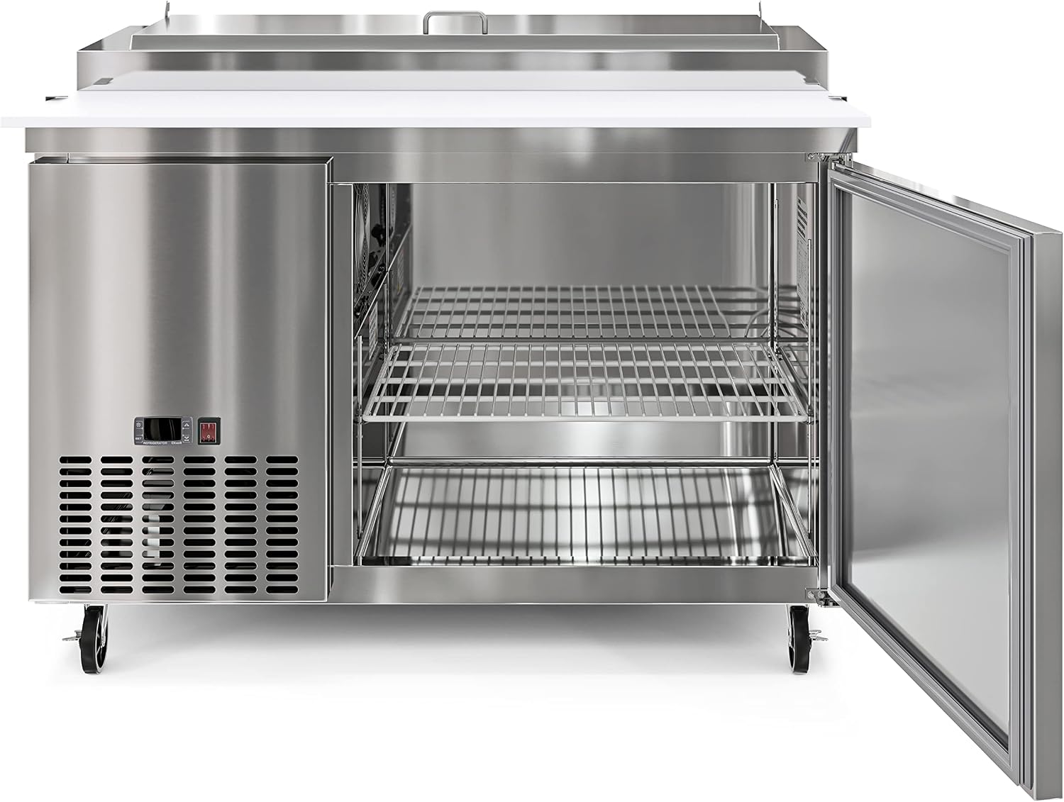 KoolMore 50 Inch Commercial Pizza Prep Table with Built-in Refrigerator, Cutting Board, Food Protection Lid, Cold Storage, Rolling Casters in Stainless Steel,ETL Listed (KM-RPPS-1DSS)