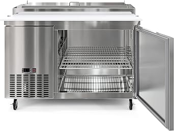 KoolMore 50 Inch Commercial Pizza Prep Table with Built-in Refrigerator, Cutting Board, Food Protection Lid, Cold Storage, Rolling Casters in Stainless Steel,ETL Listed (KM-RPPS-1DSS)
