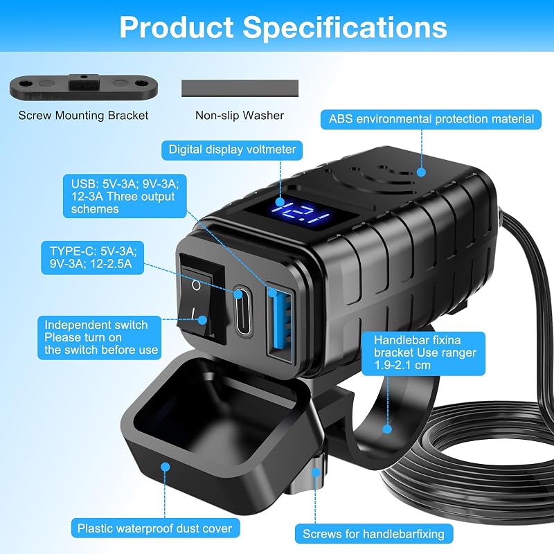 Lieberwell Vízálló Motoros USB Töltő 12V-24V Quick Charge 3.0 Type-C + USB-A LED Voltmérővel és Kapcsolóval