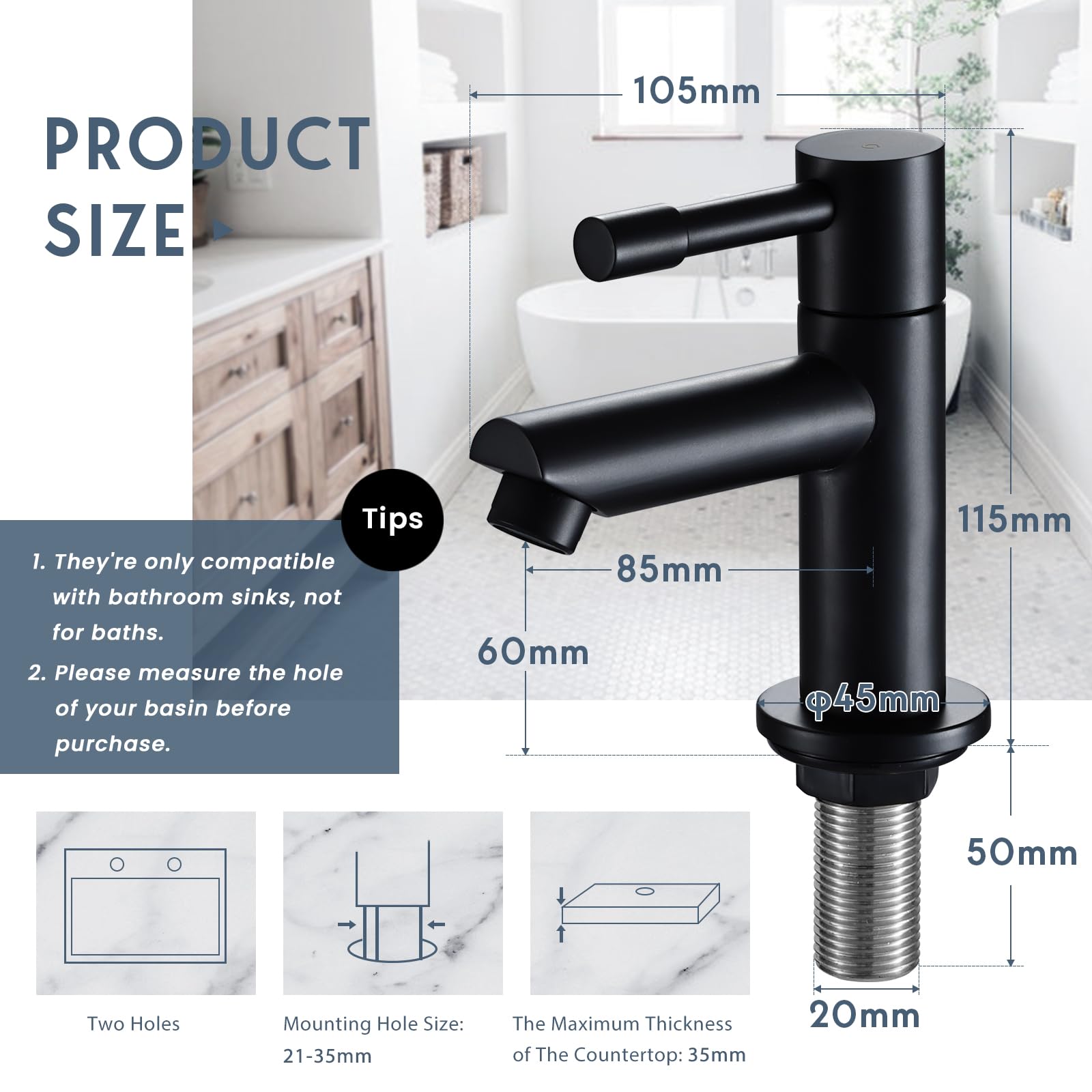 Wasserrhythm Juego de 2 grifos de pilar para lavabo, de acero inoxidable, sin plomo, monobloc, color negro mate, 2 unidades, grifo de agua caliente y fría, palanca cruzada de 1/4 de giro