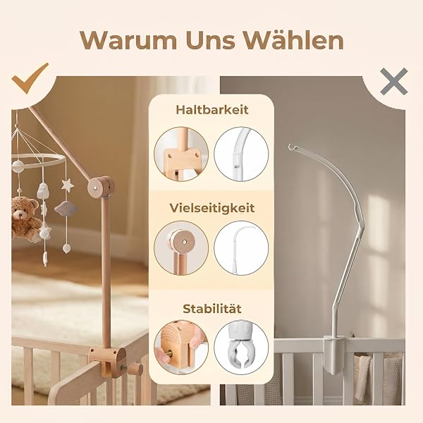 Mobile Halterung Holz für Babybett, Mobile Halterung Wickeltisch für Kinderzimmer-Dekoration, Angepasst Mobile Halter Gestell Stange für Aufhängung Windspiele Bettglocke, Baby Bett Spielzeuge - 4