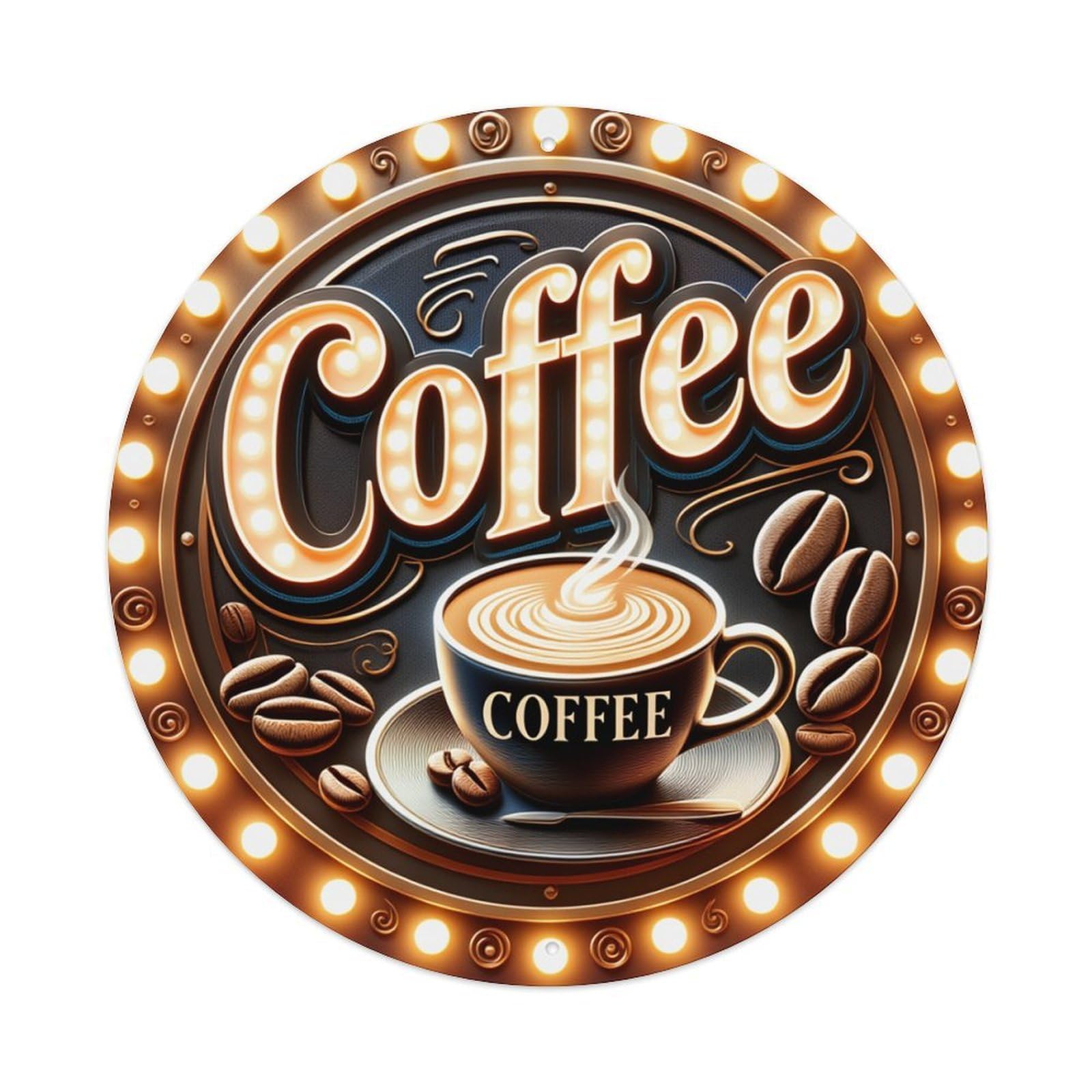 Coffee Cup Beans Light Circle Round Tin Sign Retro Metal Sign for Cafe Bar Pub Home Game Room Gym Club Wall Decoration Vintage Metal Poster 8x8 Inch