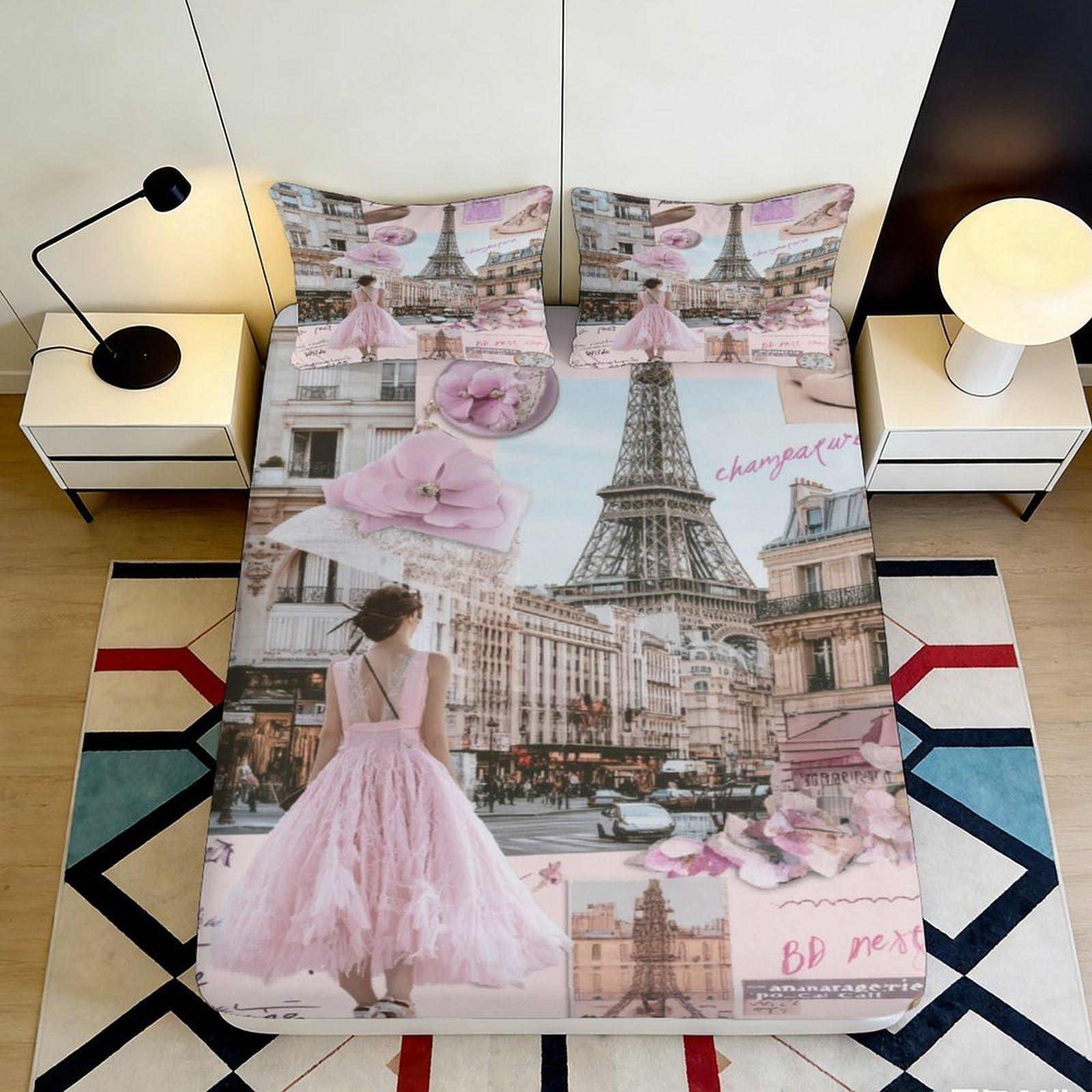 3D Printed Paris Eiffel Tower Fitted Sheet Microfiber Pink Dress Bed Cover for Bedroom Guest Room Decor Mattress Protection 160x200x25cm