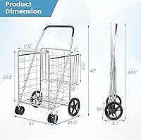 Vista 7 de Goplus Carrito de compras plegable jumbo con ruedas giratorias, carrito de comestibles plegable con ruedas con cesta doble, carrito de utilidad