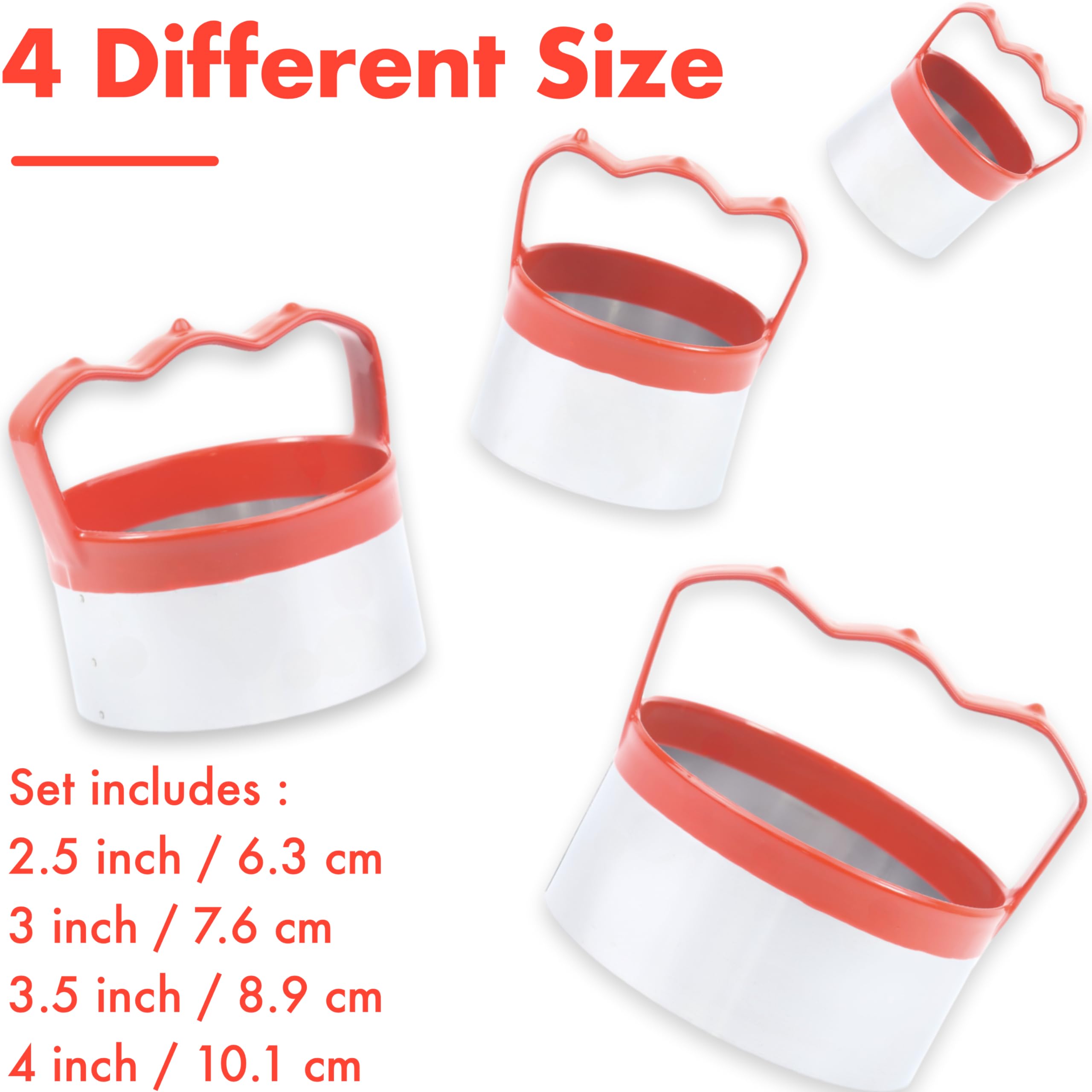 4 Stück Runde Keks- & Keksausstecher Set - Ergonomisches Design, roter Silikongriff, 0,4 mm Edelstahl, ideal für Backspaß-Leckereien, Größen 6,3 cm, 7,6 cm, 8,9 cm, 10,2 cm