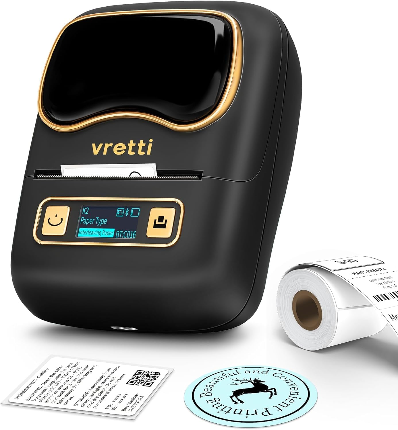 INCOMPLETE MISSING TAPE. vretti Label Maker Machine with Tape, 2 Inch Portable Bluetooth Label Makers for Small Business, K2 Inkless Thermal Labels Printer for Address, Barcode, Logo, Fits Office, Home, School, Gift - Black