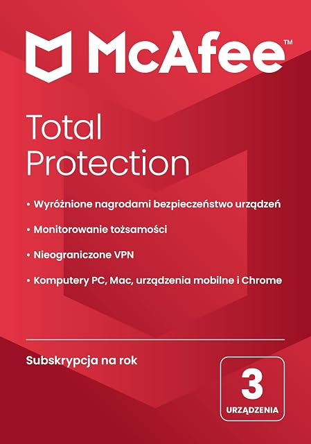 McAfee Total Protection 2024 | 3 urządzenia | Oprogramowanie antywirusowe zapewniające bezpieczeństwo w sieci | Zawiera VPN, menedżera haseł | PC/Mac/Android/iOS | Roczna subskrypcja | Dostawa pocztą