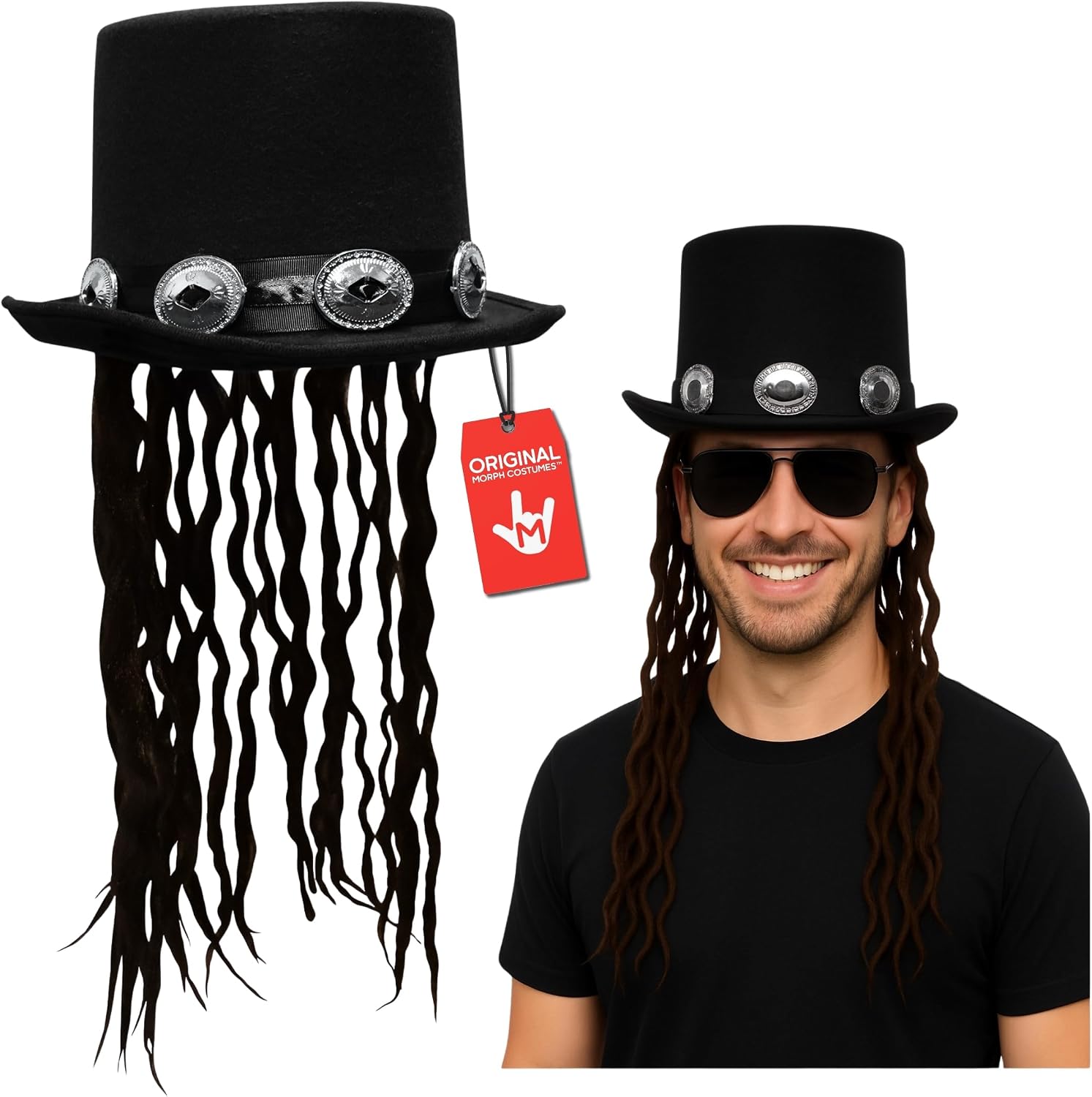 Nicky Bigs Novelties Morph Adult Voodoo Rocker Top Hat with Fake Dreads & Silver Buckles Deluxe Costume Accessory for Halloween, Cosplay, Steampunk, Gothic, Music Festival (One Size)