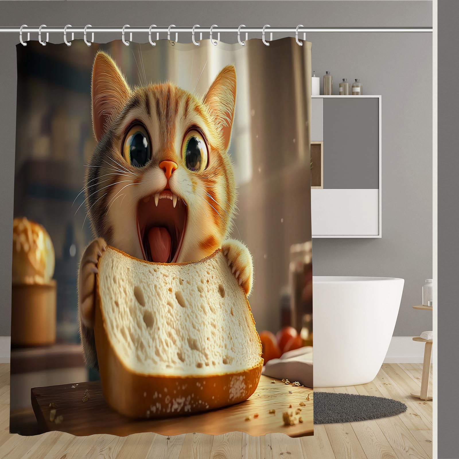 Rideau de douche chat de pain 180x200cm lavable et imperméable