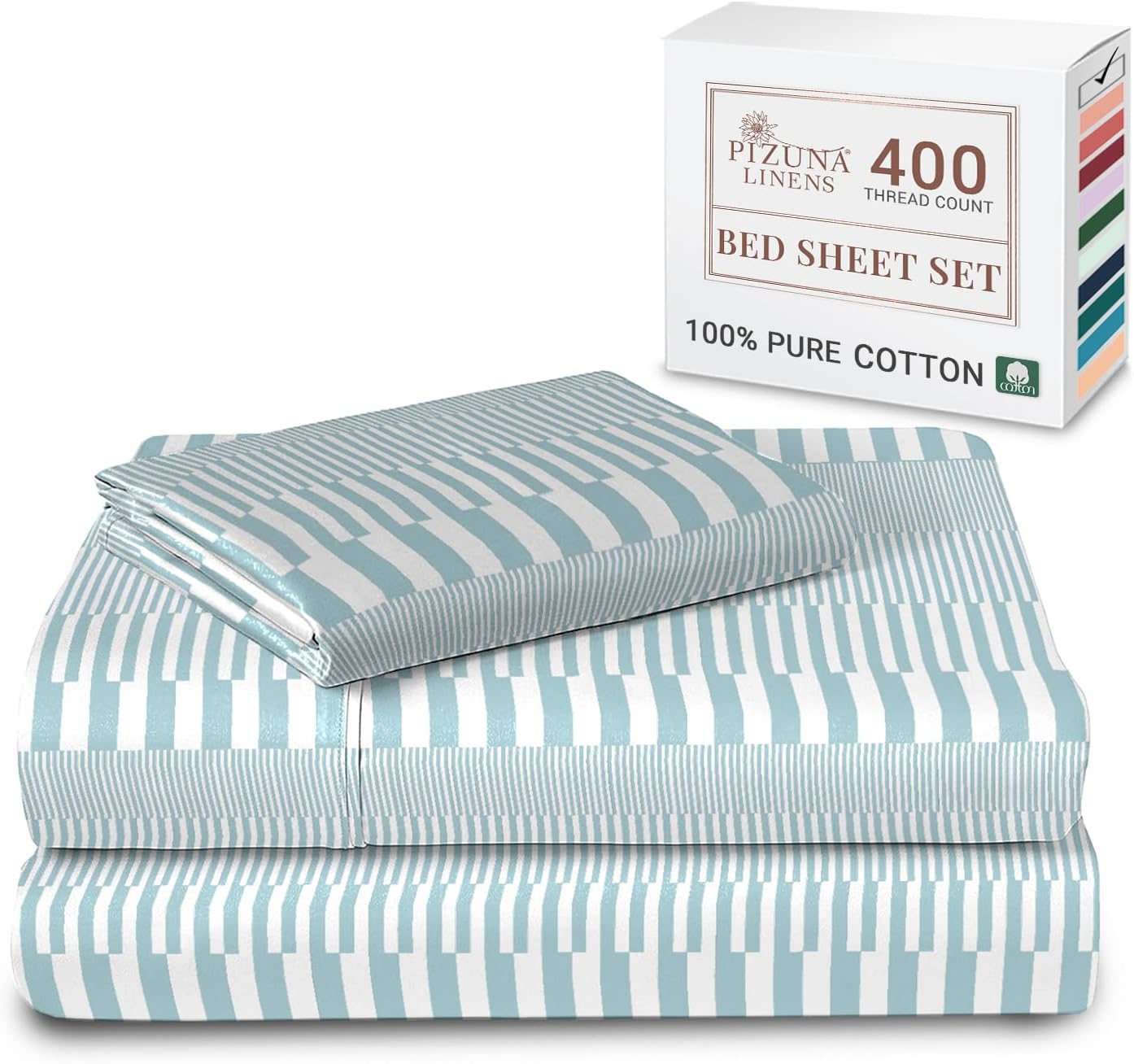 Pizuna Pure Combed Cotton Single Bed Sheet Set Blue Cascade Strip,400 Thread Count Cozy Luxury 100% Long Staple Cotton Sateen Weave Printed Bed Sheet Set (1 Flat Sheet, 1 Fitted Sheet, 1 Pillowcase)