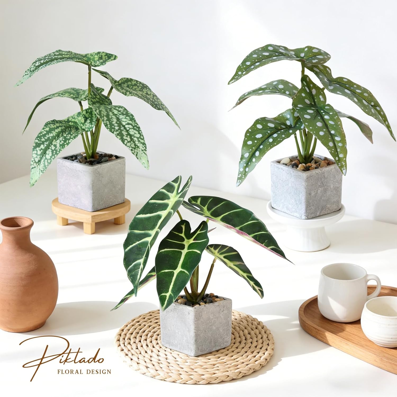 3pcs Small Fake Plants Artificial Begonia Leaves Faux Plants Indoor for Office Desk Shelf Bathroom Home Decor