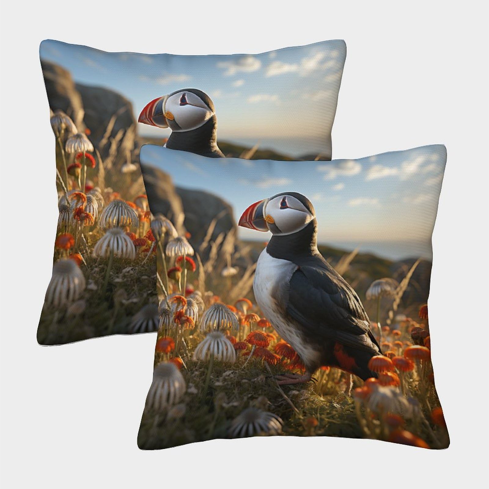 Zhuicheng Puffin 3D Printed Throw Pillow Covers Seaside Birds Square Cushion Cover Decorative Super Soft Pack Of 2 For Sofa Couch Bed 50X50cm