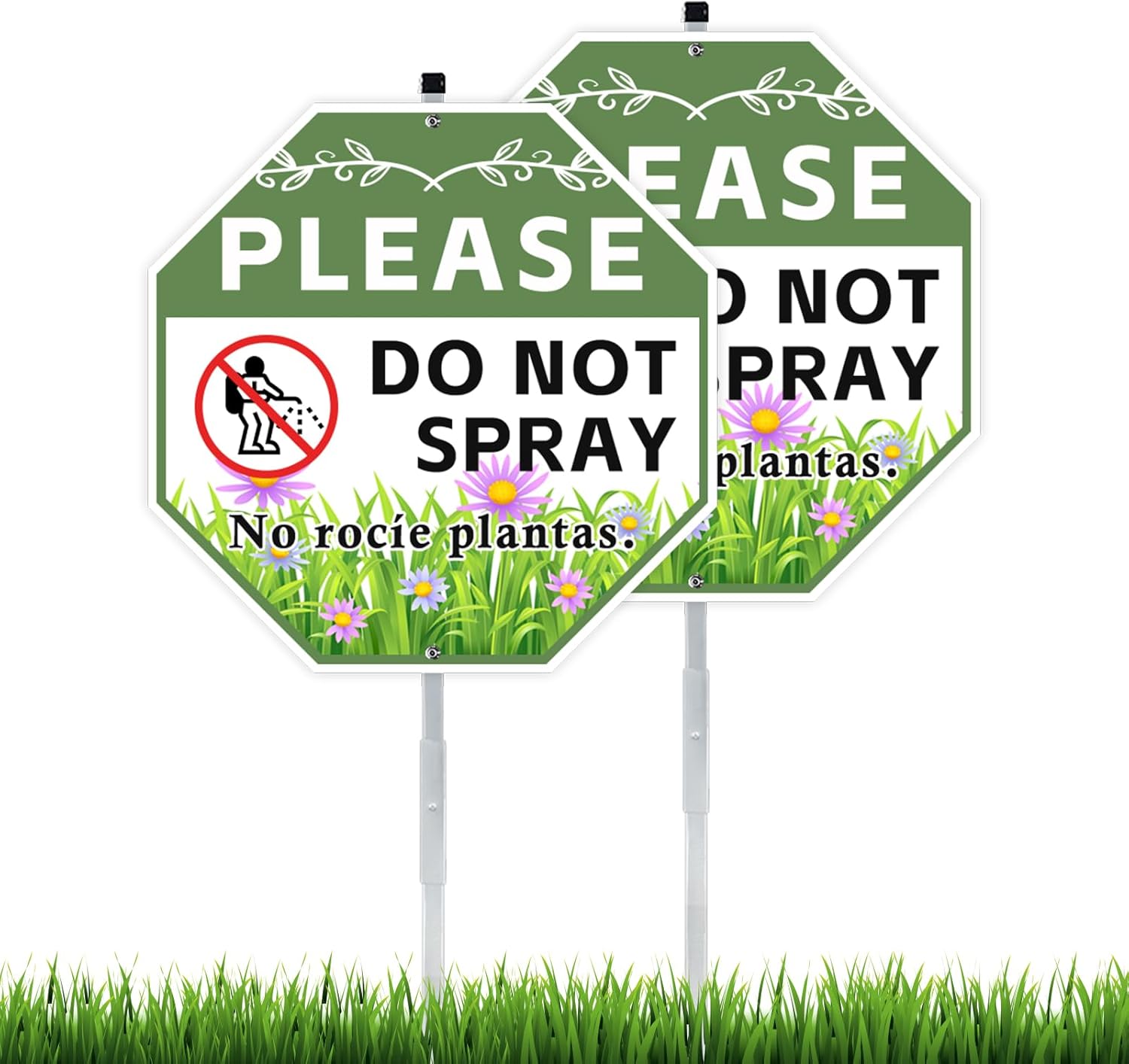 2 Pack 10" x 28" Do Not Spray Signs with Stake, Aluminum Garden Metal Signs for Outdoor Lawn, Bilingual Plant Sign in English and Spanish