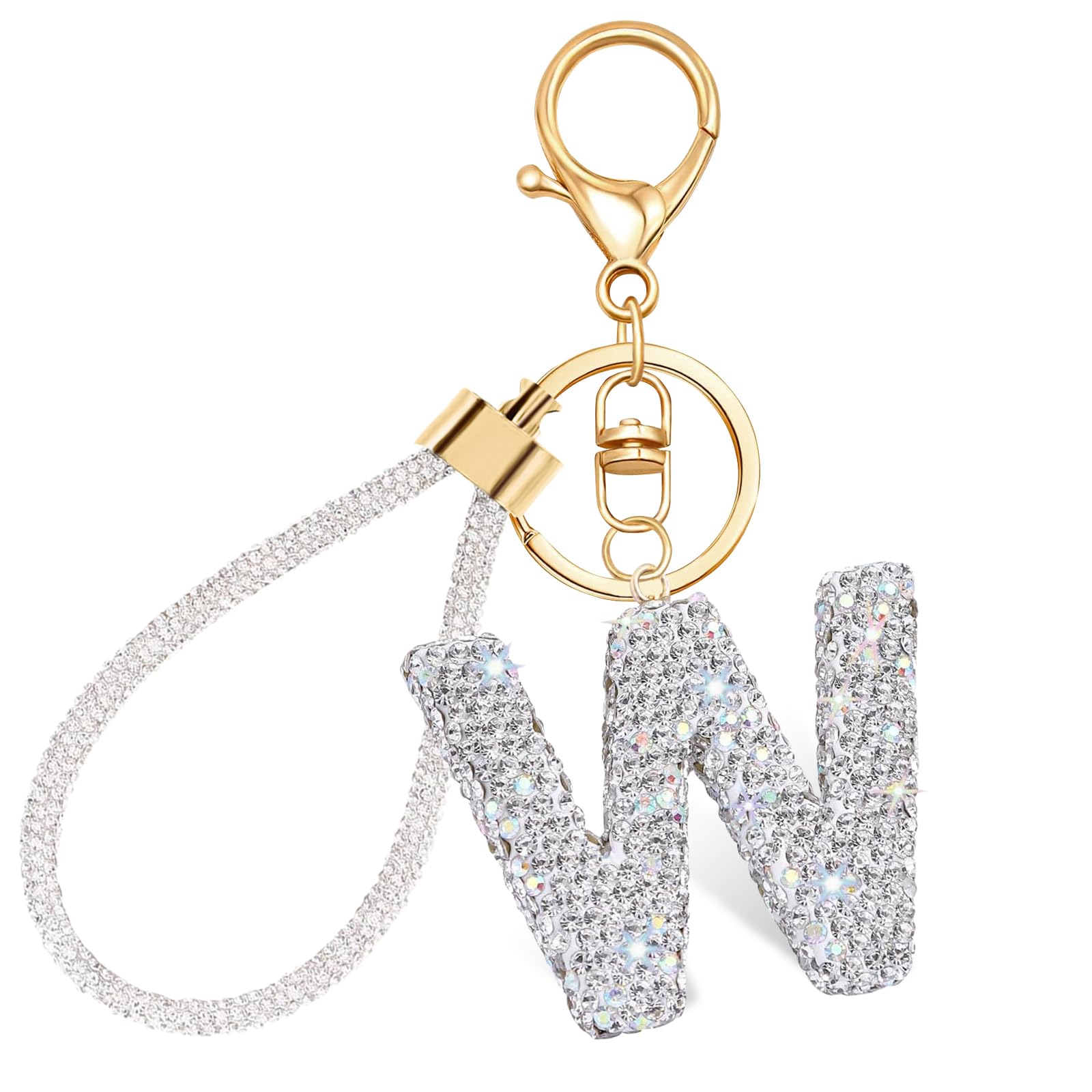 Schlüsselanhänger mit Buchstabenbuchstaben als Geschenk Bling Strasssteine Alphabet A-Z Schlüsselanhänger mit Schlüsselband für Autoschlüssel und Rucksack Silber Glänzend Süßer Schlüsselanhänger