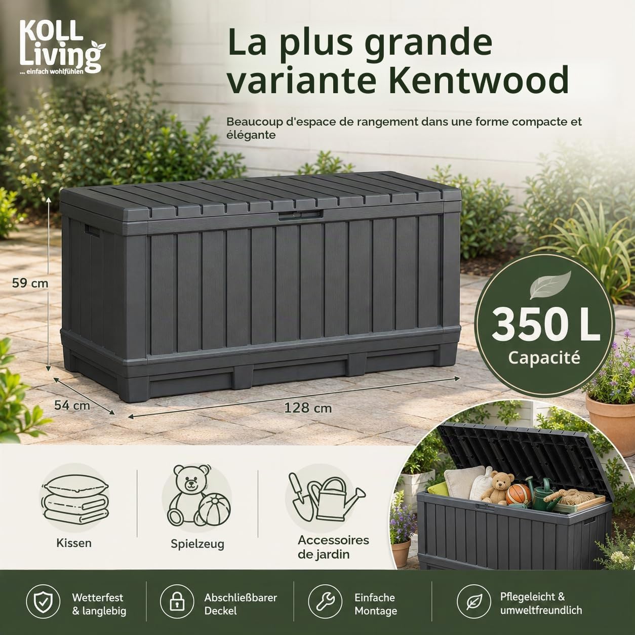 Koll Living Boîte de rangement de 350 l Anthracite – Boîte de rangement compacte avec beaucoup d'espace pour coussins, outils de jardin ou jouets pour enfants – Maintient le contenu au sec
