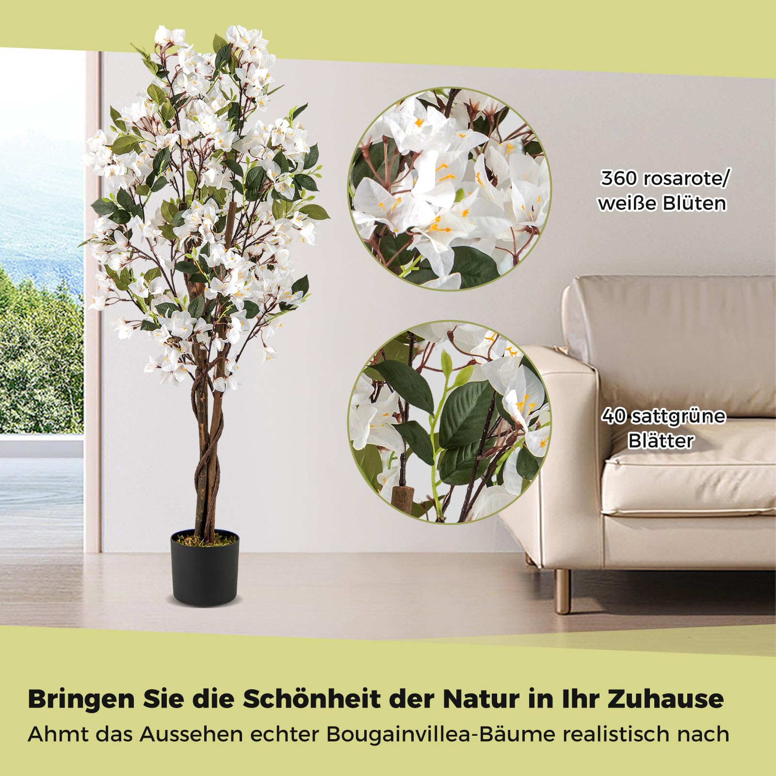 COSTWAY 120 cm Kunstbaum mit Blüten, Kunstpflanze im Topf, Künstlicher Bougainvillea Baum, Fake Topfpflanze, Künstliche Pflanzen für Indoor Outdoor Schlafzimmer Büro Garten Dekoration (Weiß,1)