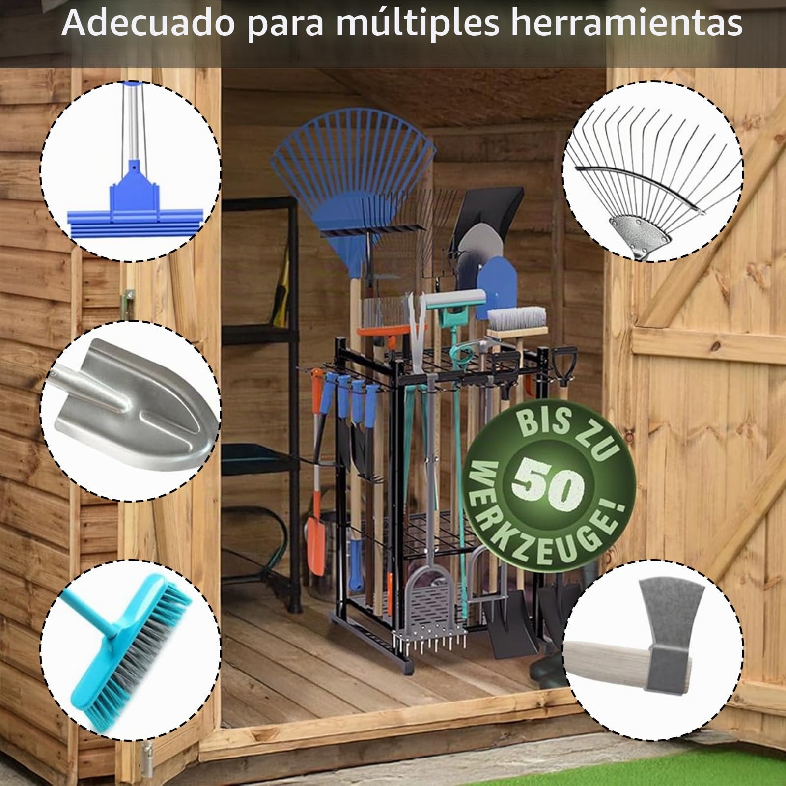 Organizador de Herramientas Jardineria, Estante de Almacenamiento para Herramientas de Jardín Fabricado con Rueda Universal Ganchos Laterales Largos y Ganchos de Almacenamiento para Garajes Jardines