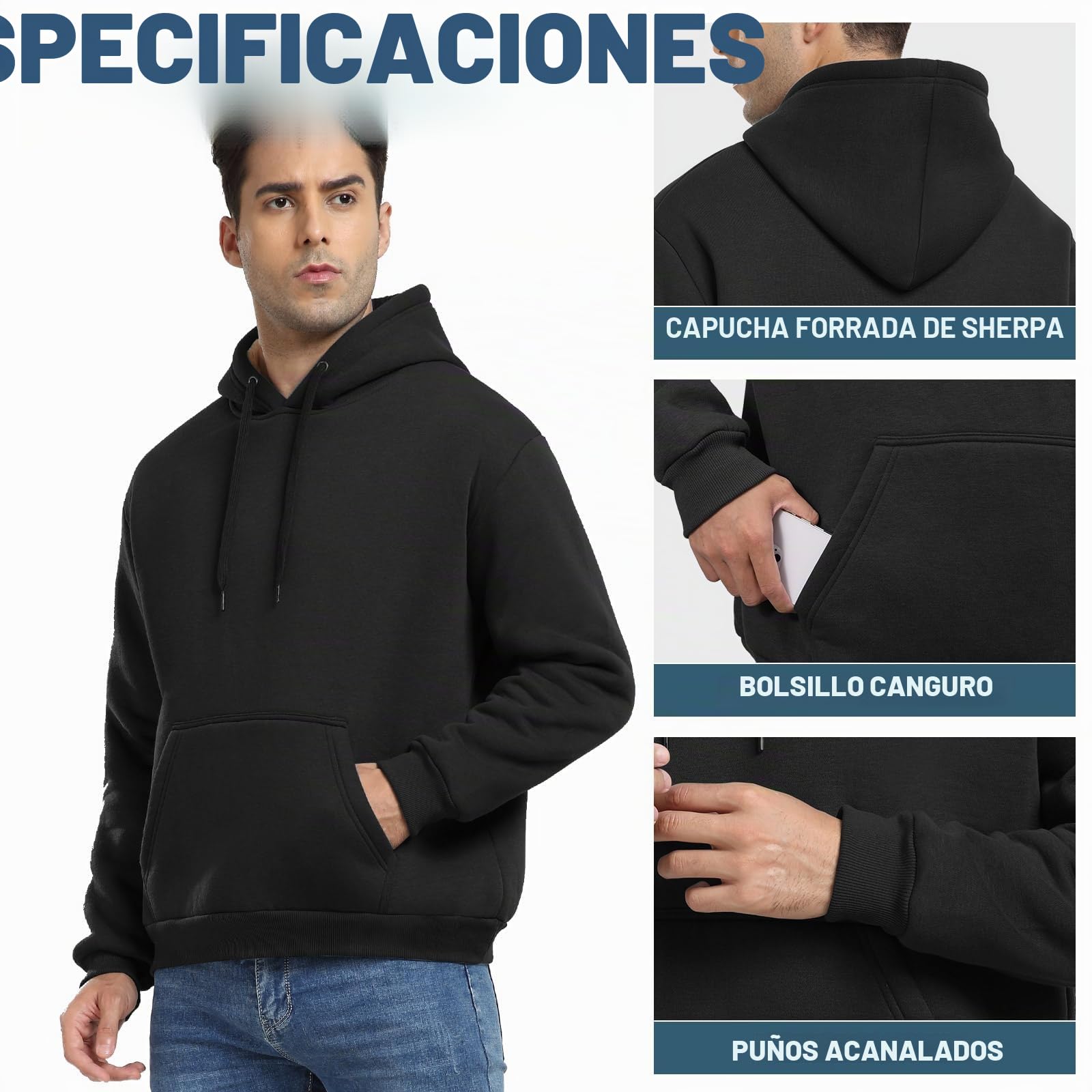 Nadeer Sudaderas con Capucha Hombres Invierno Hoodie Forro Polar Sweatshirt con Bolsillo Pullover Básica Casual