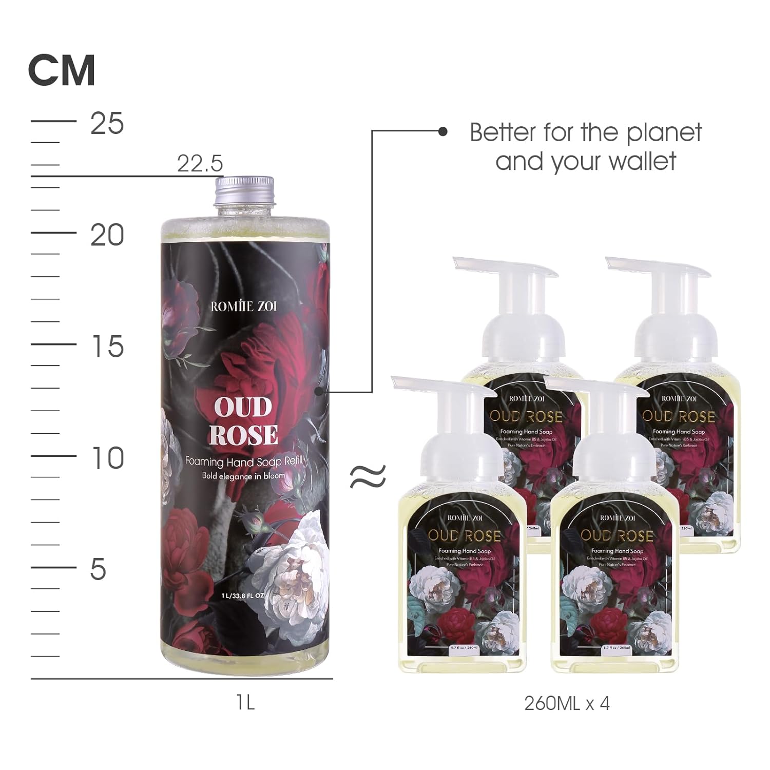 ROMIIE ZOI Foaming Hand Soap Refill Gift Set – 3 Pack (1000ML Each) with Dispenser – Ebony Rose Scent – Gentle & Moisturizing Plant-Based Formula – Bulk Refill Bottles for Bathroom & Kitchen Use