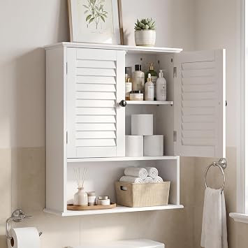 Bathroom Wall Cabinet with Adjustable Shelf, White 25" x 24" Medicine Cabinet with Louvered Doors, Over Toilet Storage Cabinet, Wall Mounted Bathroom Organizer for Bathroom, Laundry Room