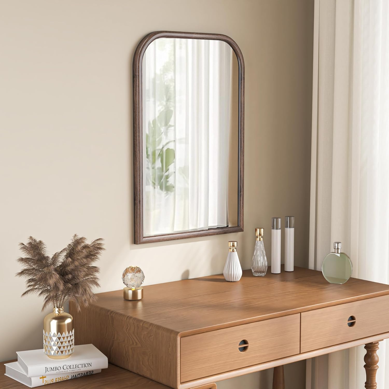 20"x30" Arch Wall Mirror for Wall, Wall Mounted Vanity Mirror for Bedroom, Wood Grain Finish Frame Mirror with Tempered Glass, Vintage Decorative for Bathroom, Entryway, Living Room, Walnut