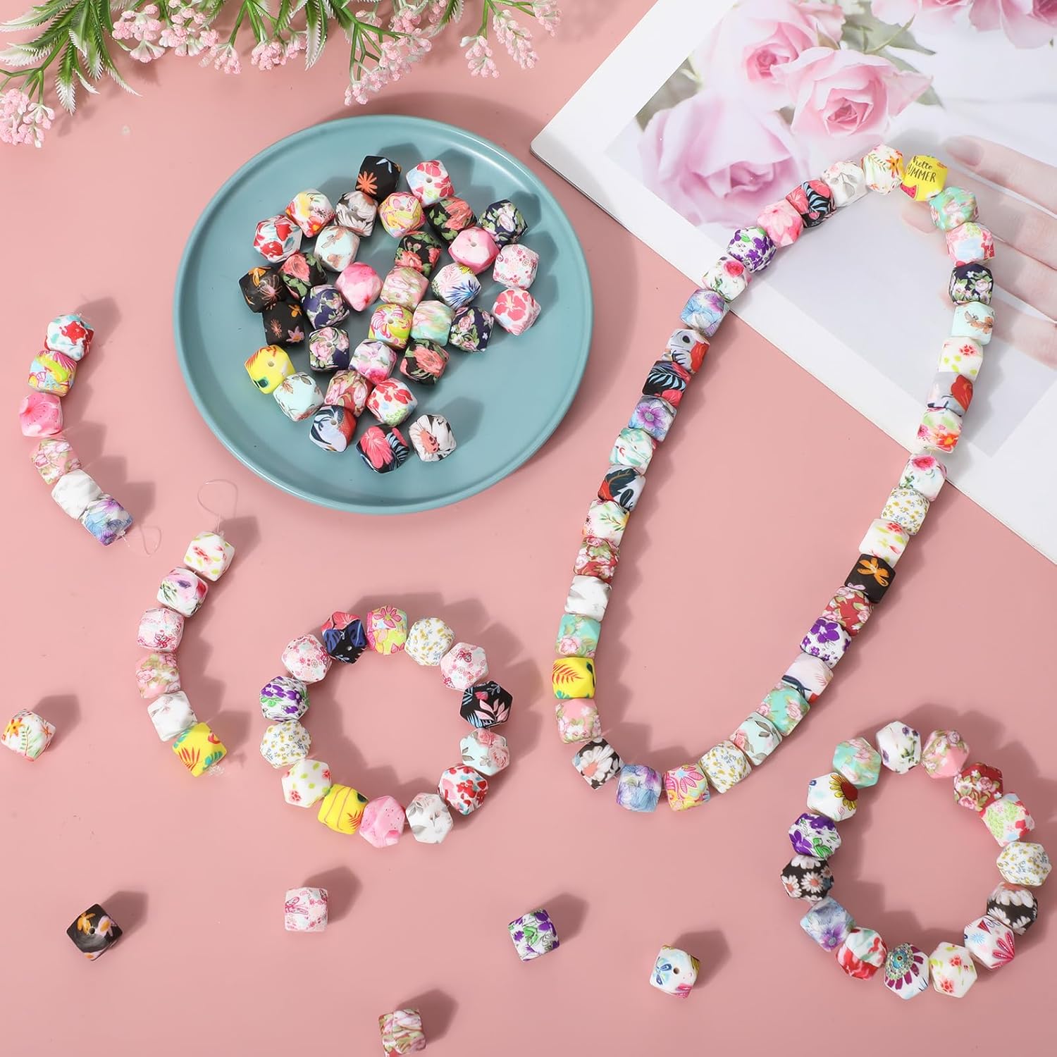 120 Pcs 14mm Silicone Beads Bulk Hexagon Flower Silicone Beads Floral Print Rubber DIY Bracelet Making Kit for Keychain Making Pens Necklace Jewelry - Image 4