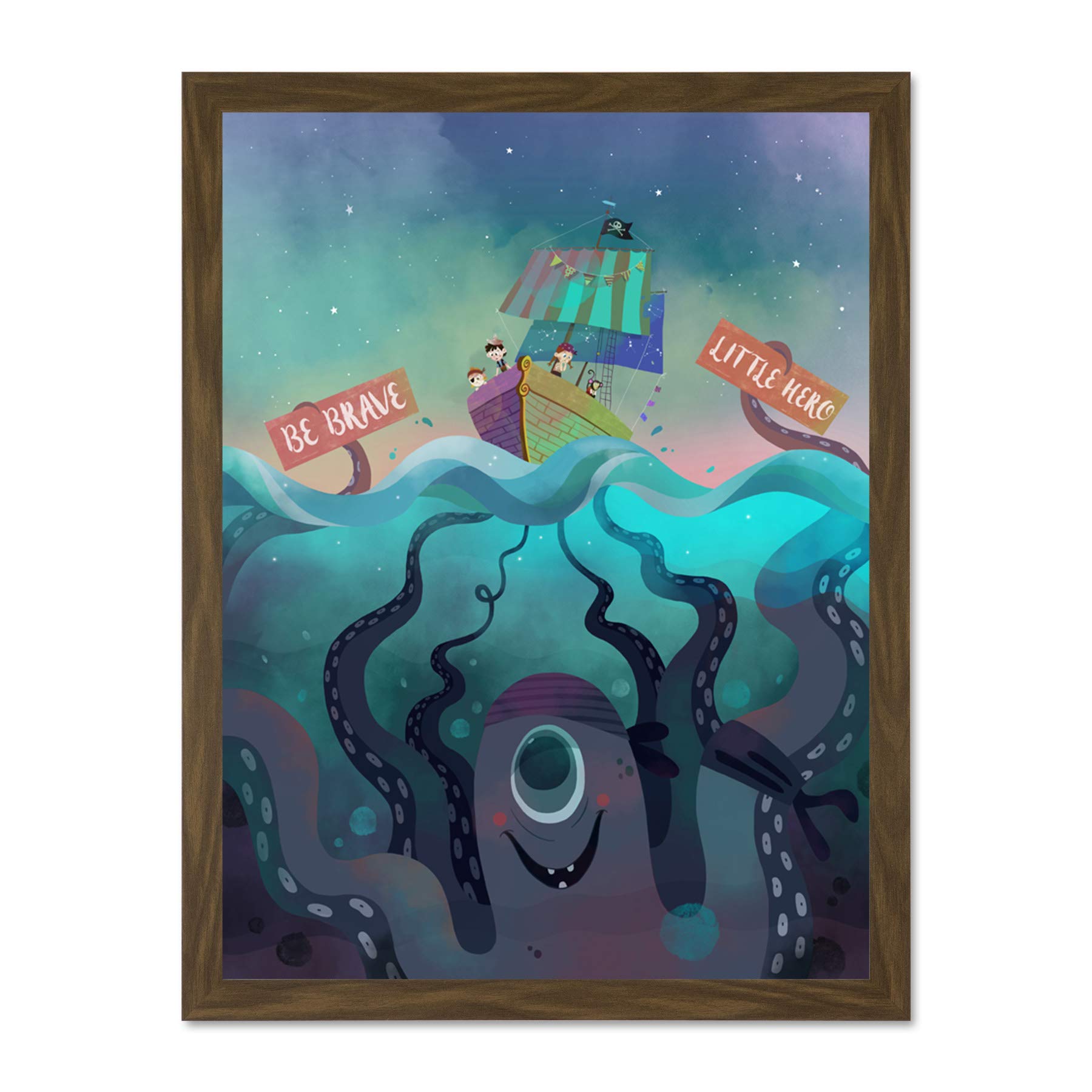Wee Blue Coo Pirates Octopus Be Brave Large Framed Art Print Poster Wall Decor 18x24 inch