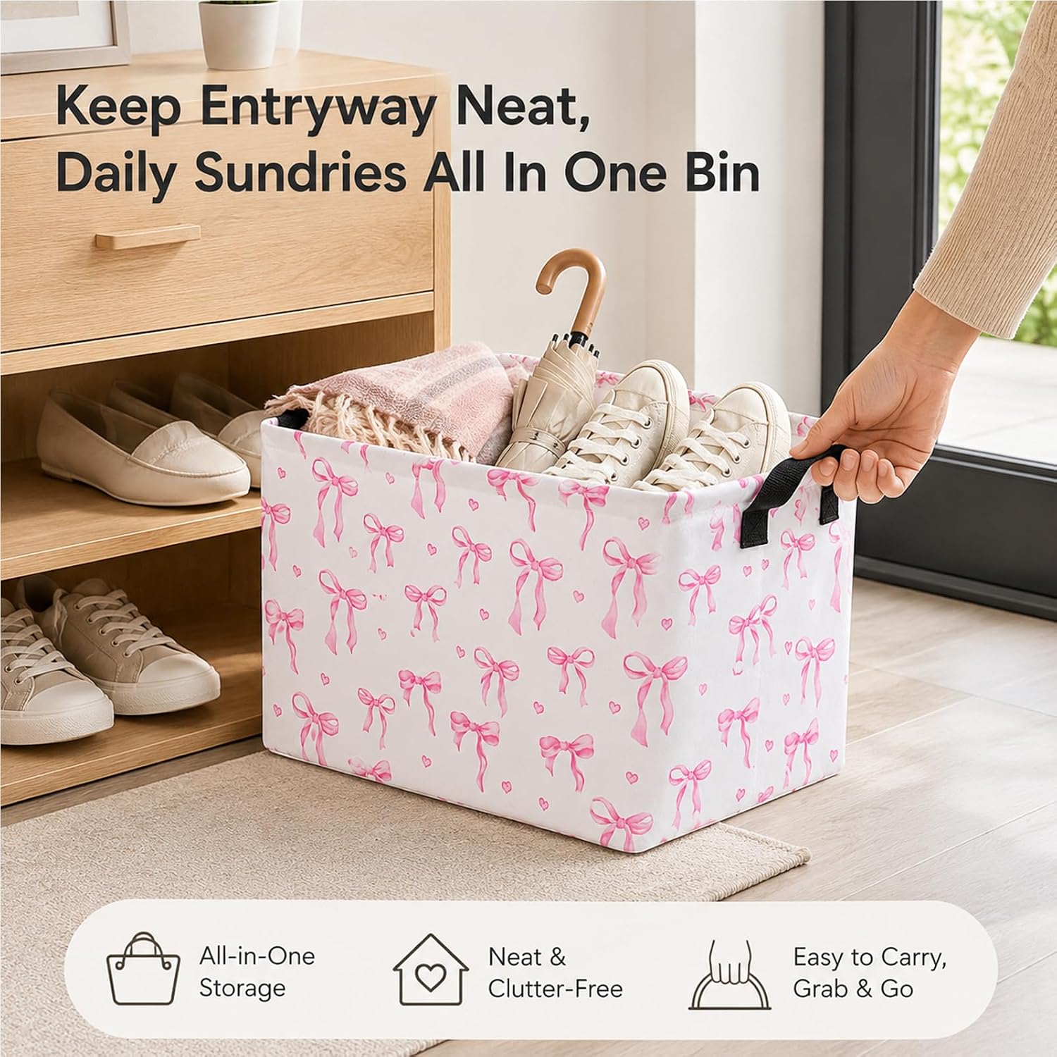 Collapsible Storage Basket with Handles, Waterproof Foldable Organizer Bin 15x10x8.7Inches, Nautical Anchor Decor for Toys, Shelves, Home (Pink Bow-Black)