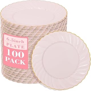 YOUBET 100Pack Pink Scalloped Plastic Plates for Party Weeding Birthday