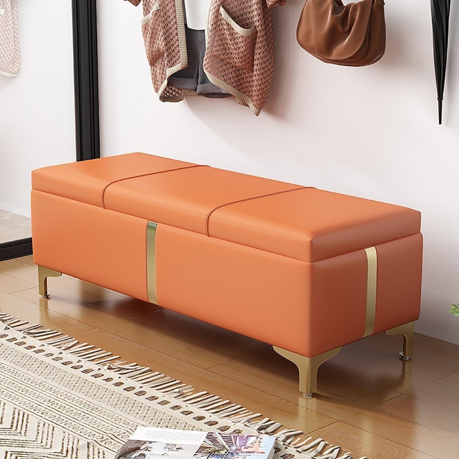 Banc de bout de lit moderne en cuir PU orange pour une chambre ordonnée et cosy