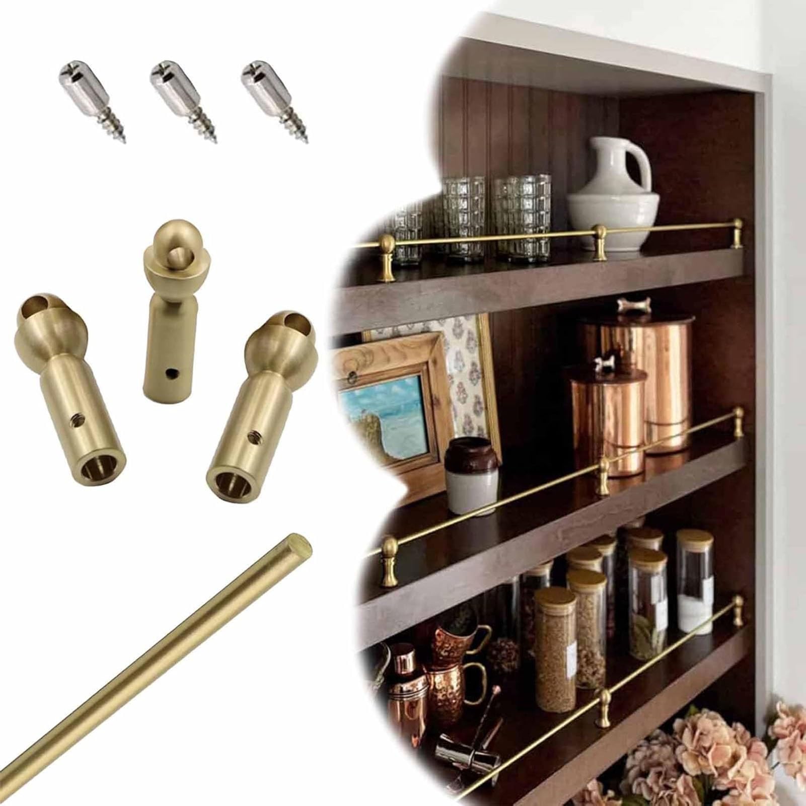 Soportes de estante de latón macizo, ajustables individualmente, con 3 soportes de montaje, varilla de latón de 6 mm, varilla de soporte para librerías, armarios de cocina, despensas, baños y est