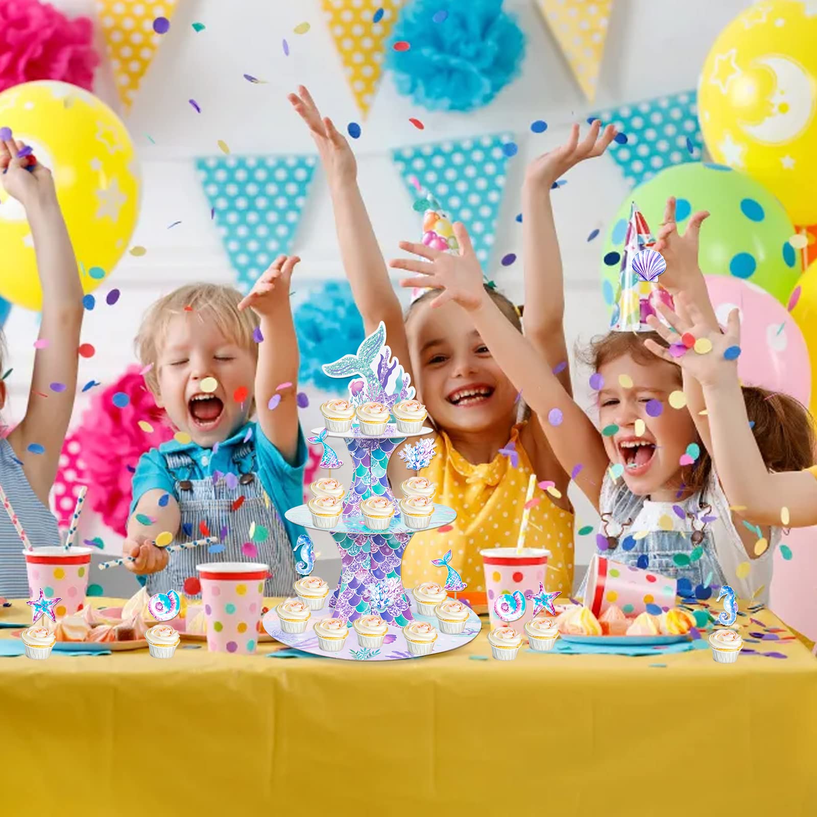 Support à Cupcakes Sirène 3 Niveaux – Tour à Gâteaux Thème Océan Avec Toppers Anniversaire, Idéal Fêtes Enfants, Baby Shower & Thé Après-Midi