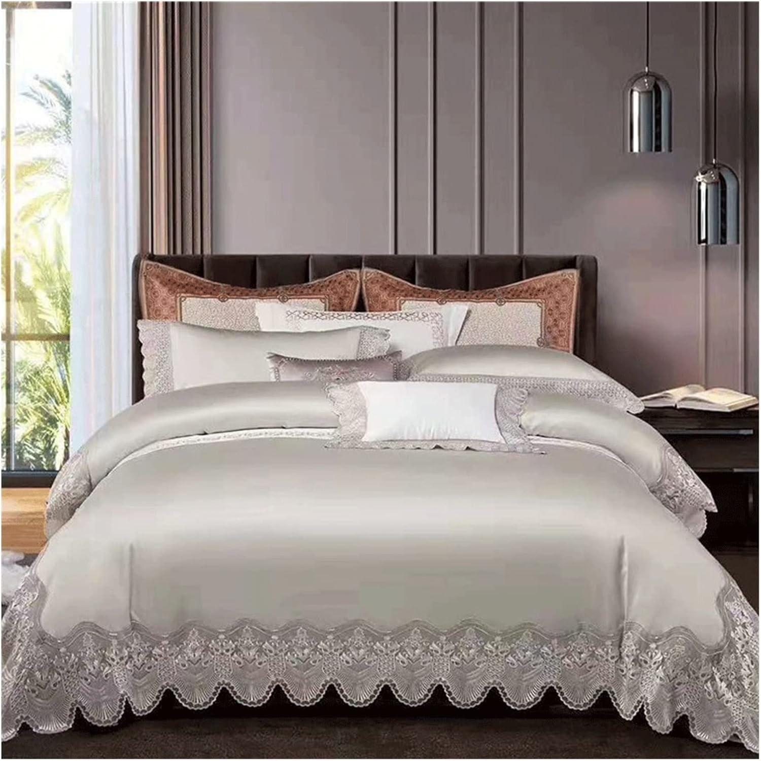 Lace Edge Bedding Set 4-Piece Cotton Quilt Cover Silk Sheets Pillowcase Bed Linings (Color : D, Size : 1.4 * 1.8m)