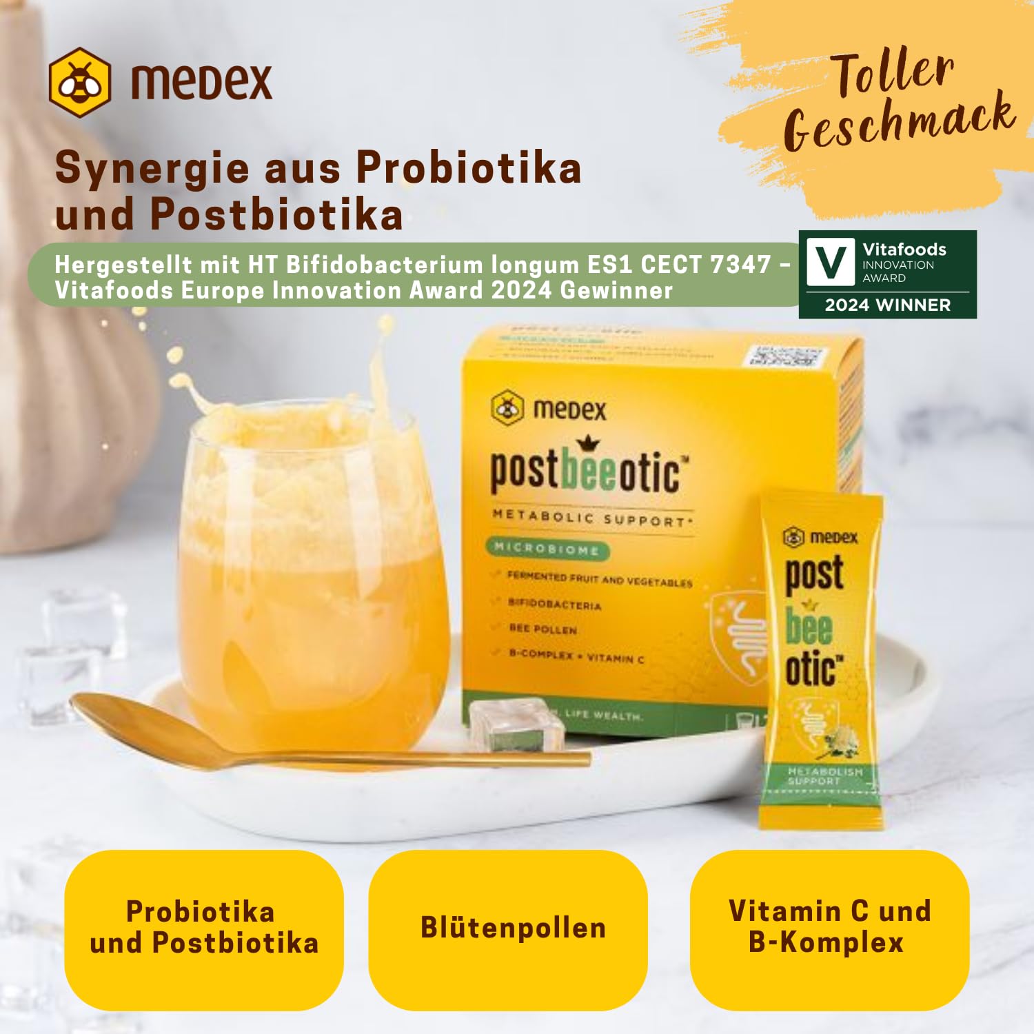 Medex Postbeeotic – Probiotika und Postbiotik mit inaktivierten Bifidobakterien, fermentierten Früchten & Gemüse, Vitamin C & B-Komplex – für Verdauung, Immunsystem & Darmflora – 20 Sachets